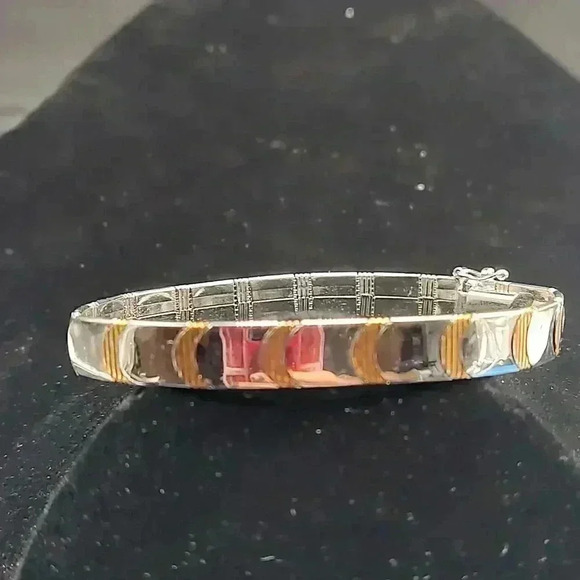 Sterling Silver 2 Tone 7 1/2" Bracelet With Safety - Picture 1 of 3